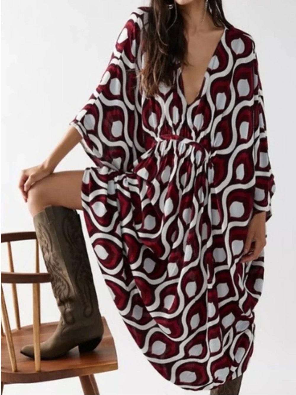 Free People Groovy Baby Maxi Dress Kaftan Boho Oversized OS Flowy Burgundy